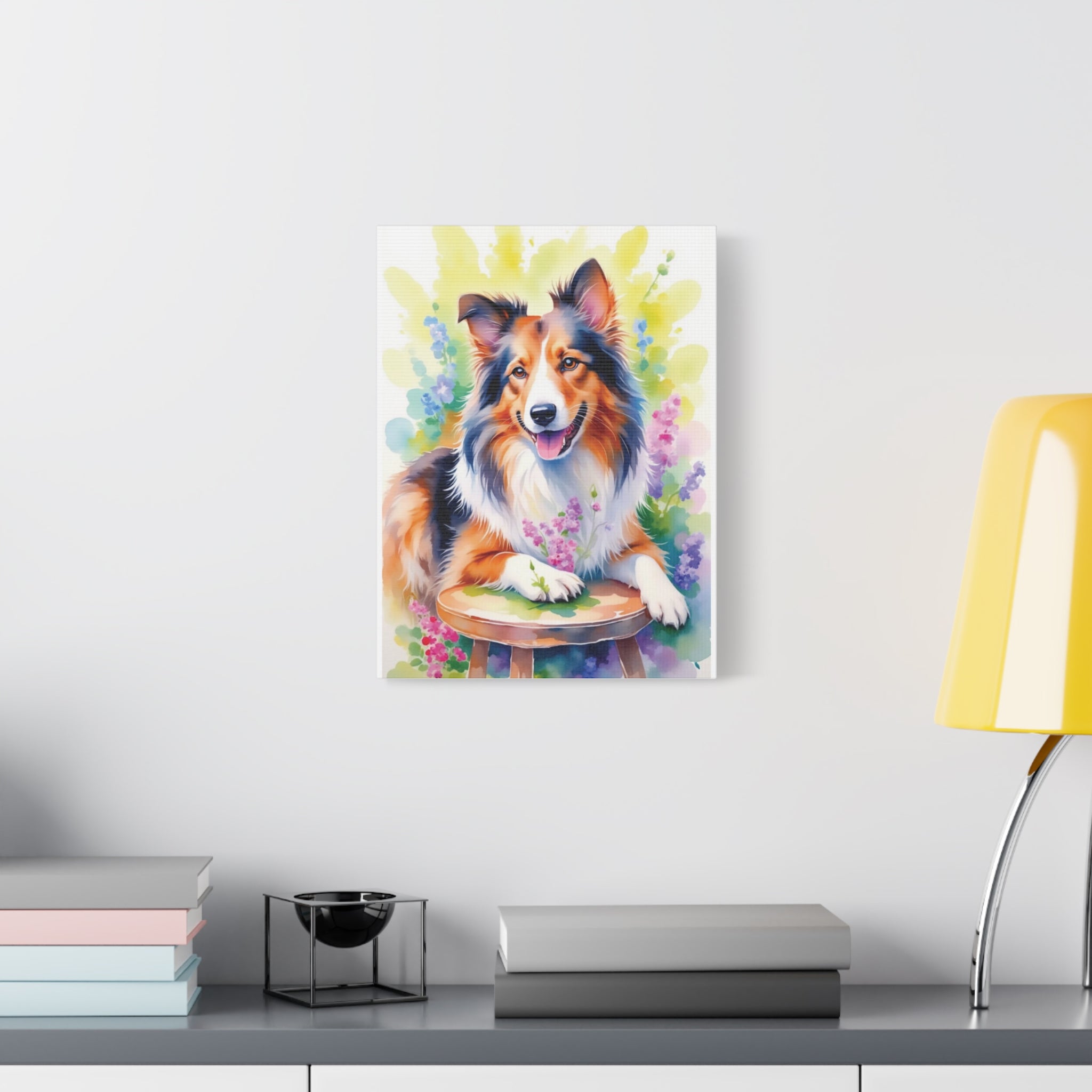 Tri-Color Collie Canvas Print — Floral Dog Wall Art, Matte Stretched 1.25"