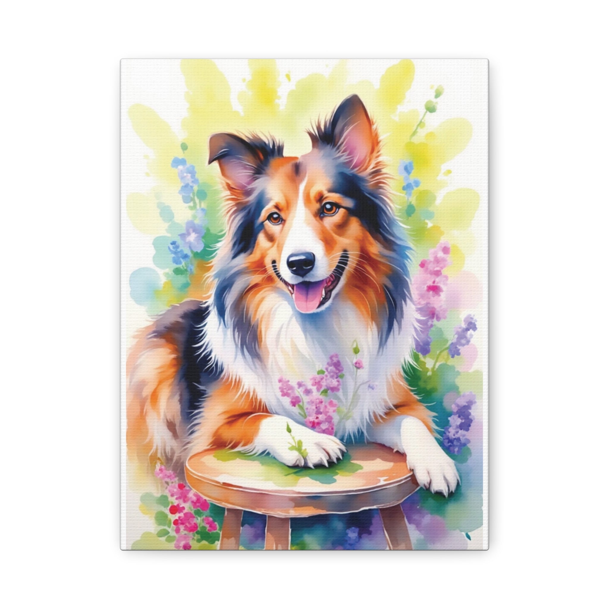 Tri-Color Collie Canvas Print — Floral Dog Wall Art, Matte Stretched 1.25"