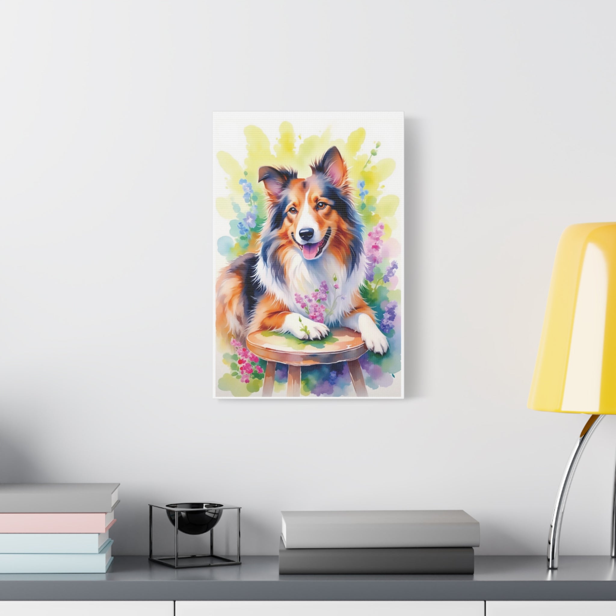 Tri-Color Collie Canvas Print — Floral Dog Wall Art, Matte Stretched 1.25"