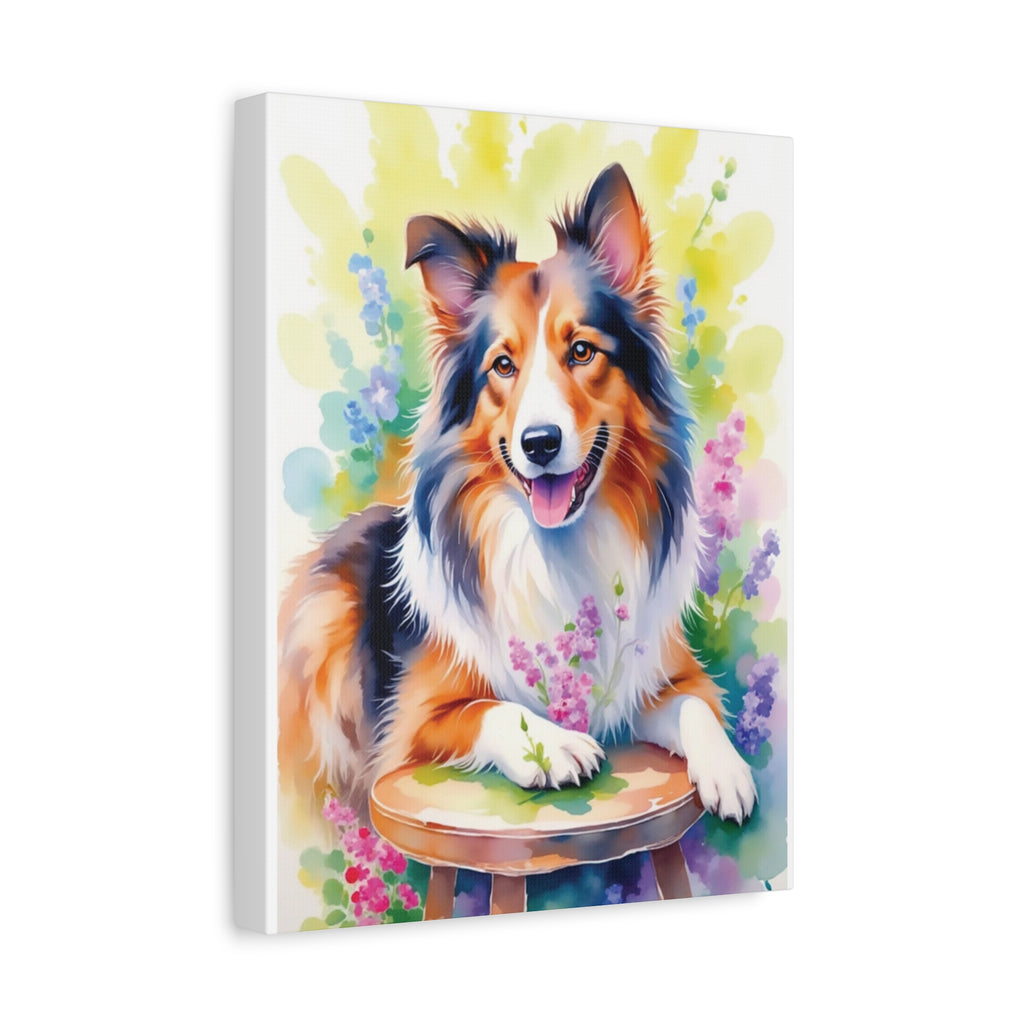 Tri-Color Collie Canvas Print — Floral Dog Wall Art, Matte Stretched 1.25"