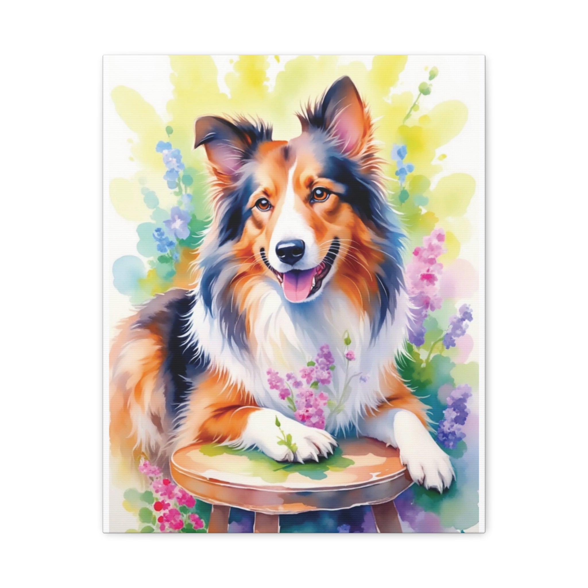 Tri-Color Collie Canvas Print — Floral Dog Wall Art, Matte Stretched 1.25"