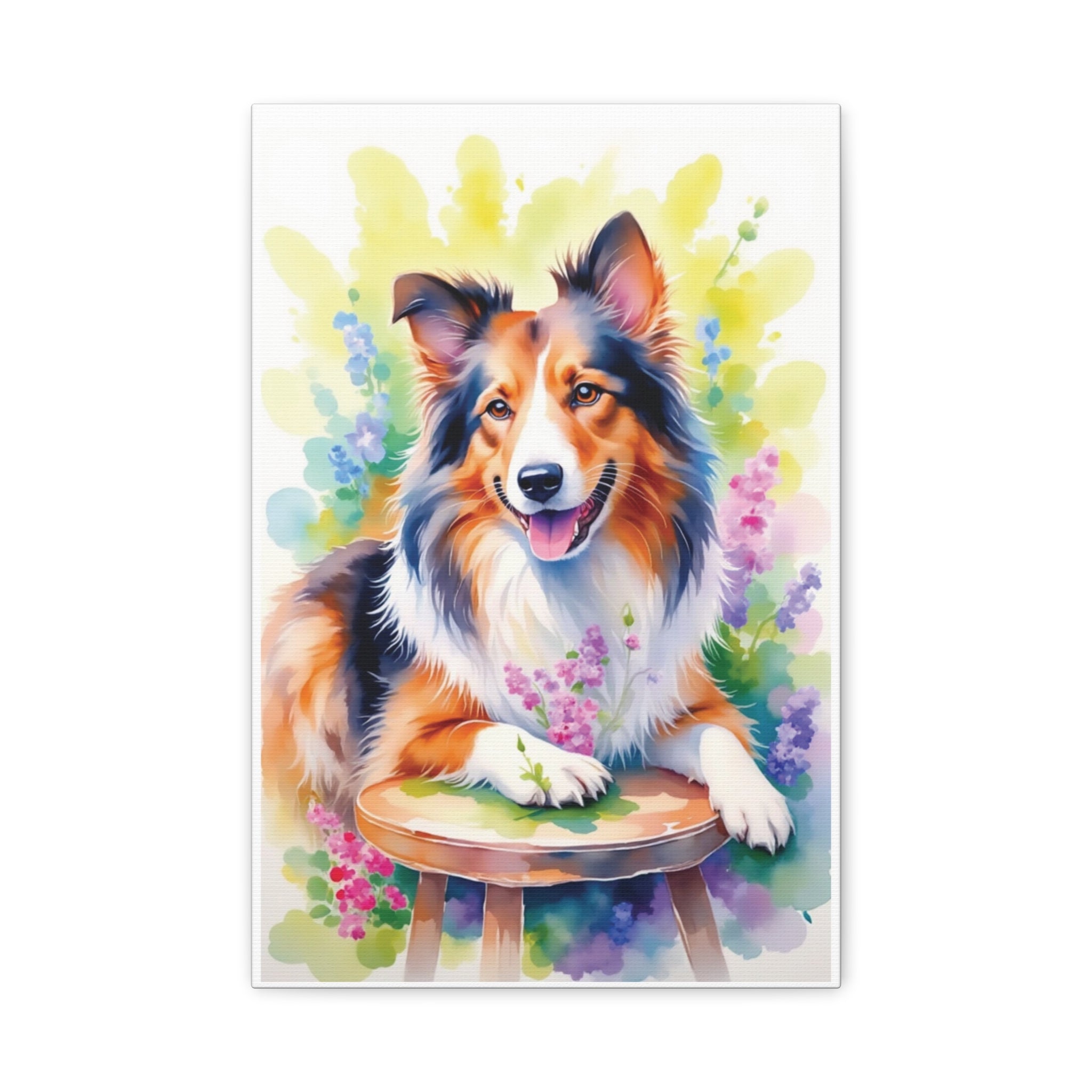Tri-Color Collie Canvas Print — Floral Dog Wall Art, Matte Stretched 1.25"