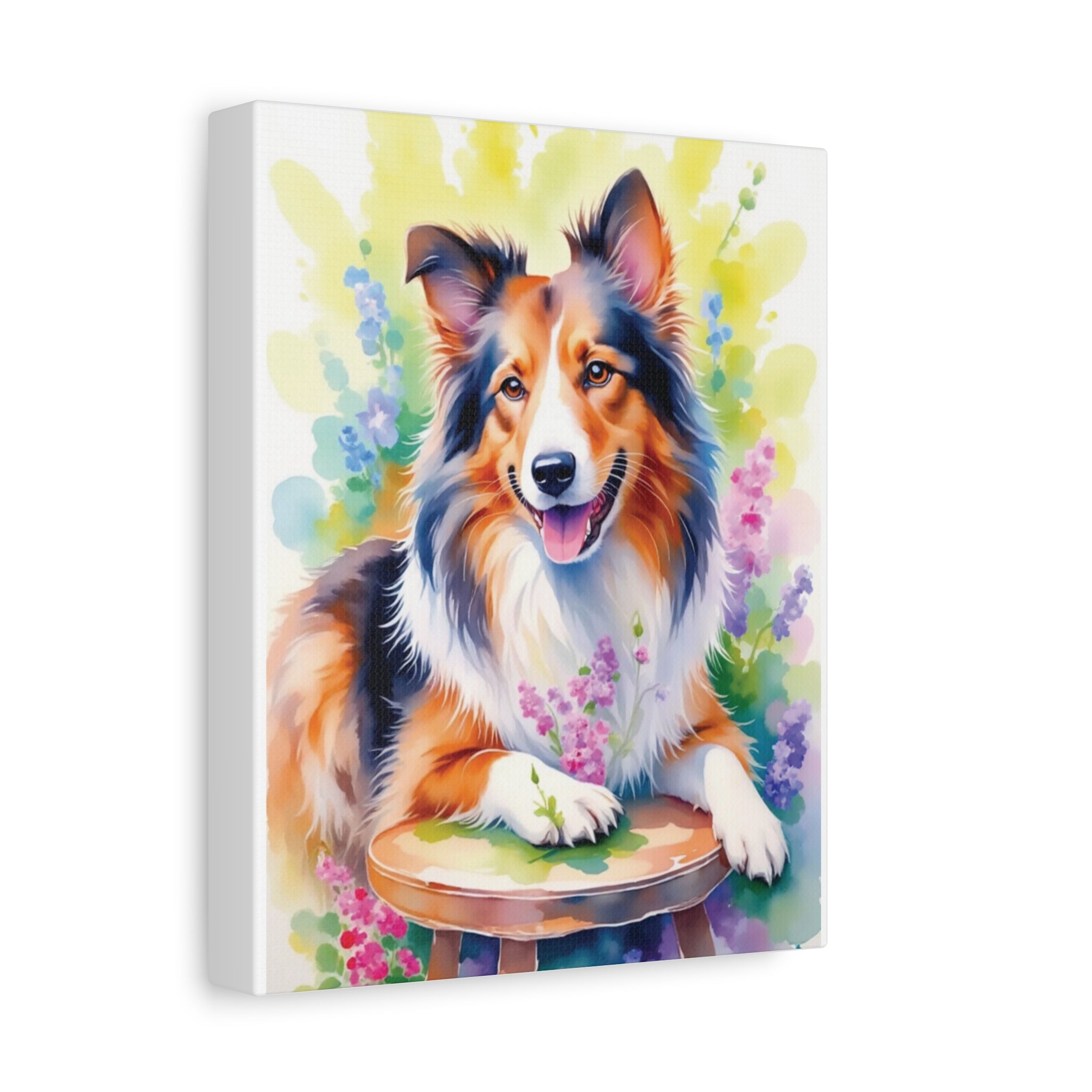 Tri-Color Collie Canvas Print — Floral Dog Wall Art, Matte Stretched 1.25"