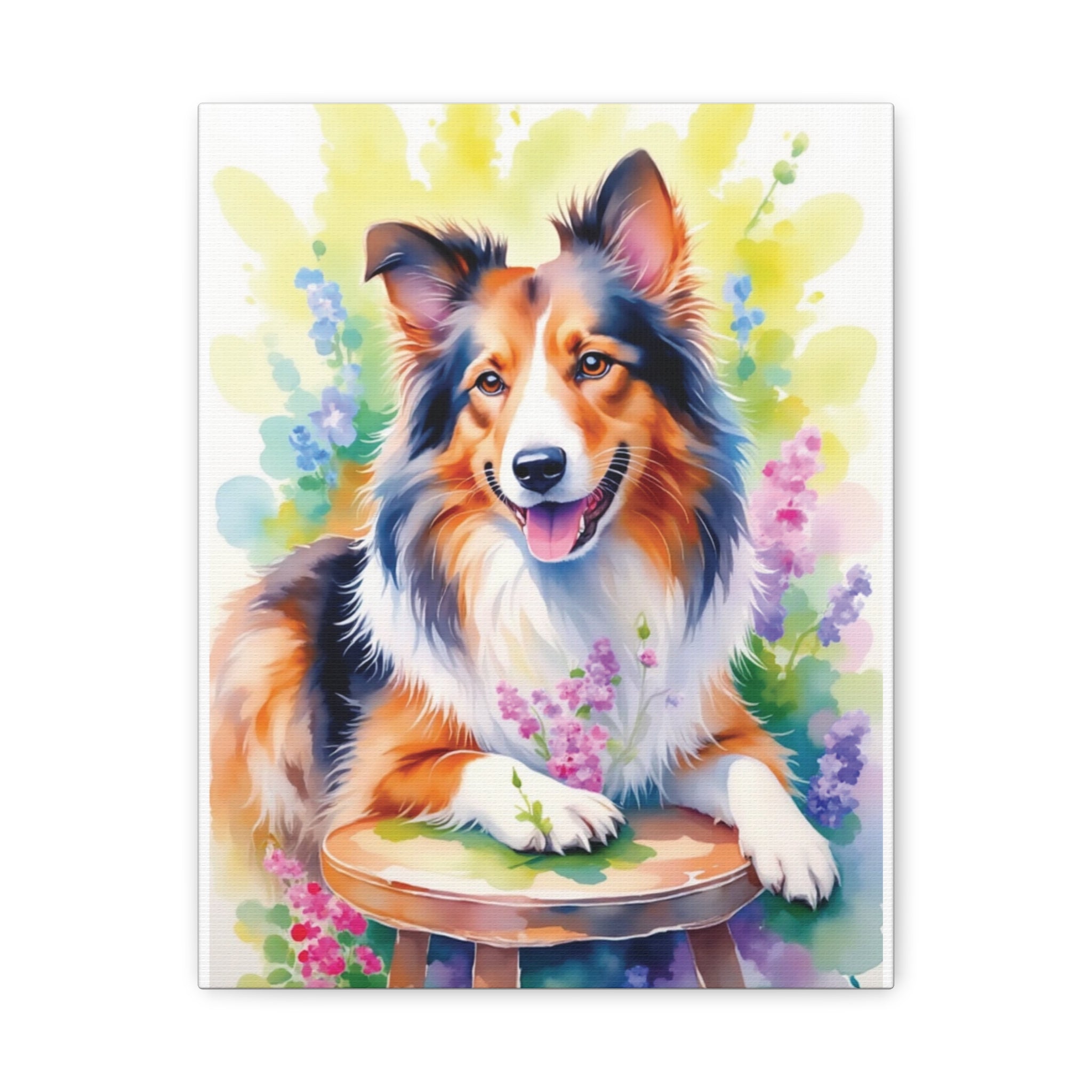 Tri-Color Collie Canvas Print — Floral Dog Wall Art, Matte Stretched 1.25"
